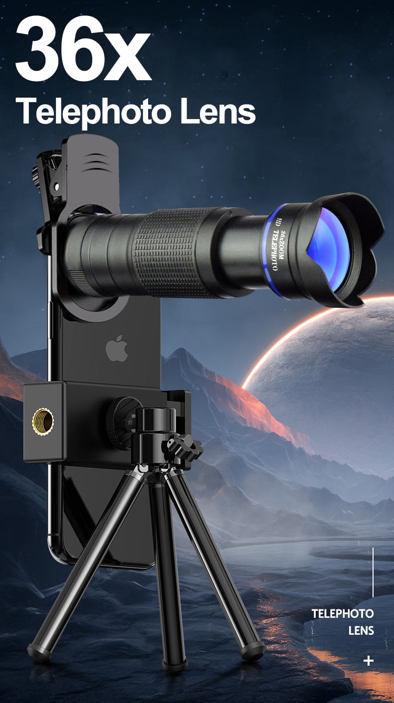 광학 줌 망원경 휴대폰 카메라 렌즈, 클립온 휴대폰 렌즈, 사진 거치대, 36x